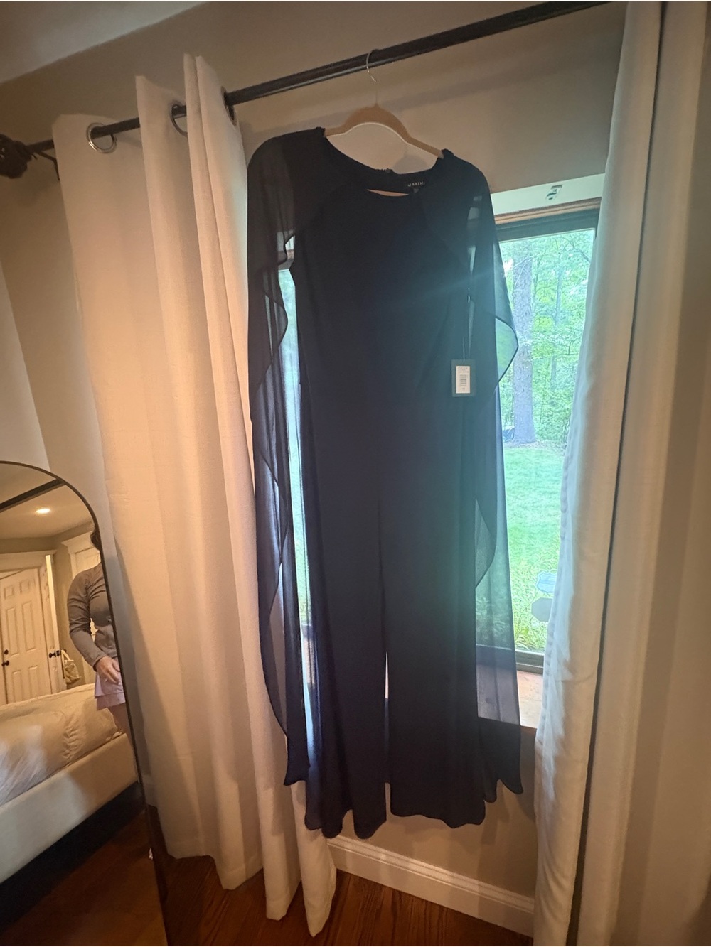 Elegant Navy Jumpsuit Dress with Sheer Cape attached
